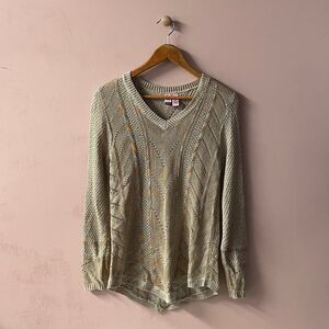 Love on a Hanger Tan Rainbow Knit V-Neck Pullover Sweater Size S EUC